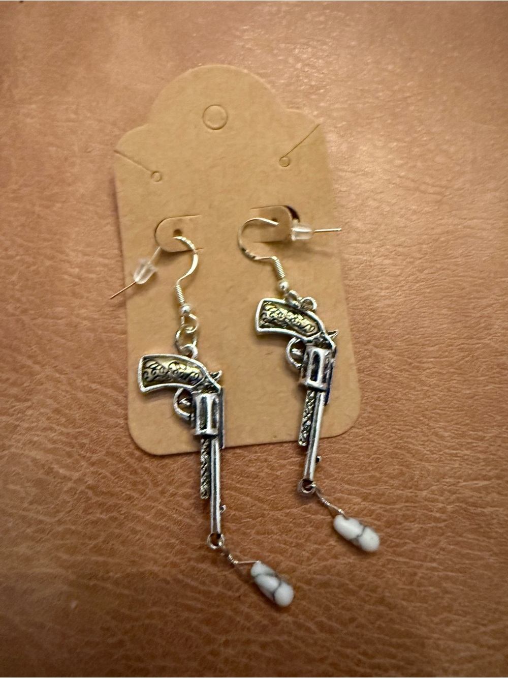 Silver Revolver Dangle Earrings with White Bead Accent with 925 Sterling Hooks